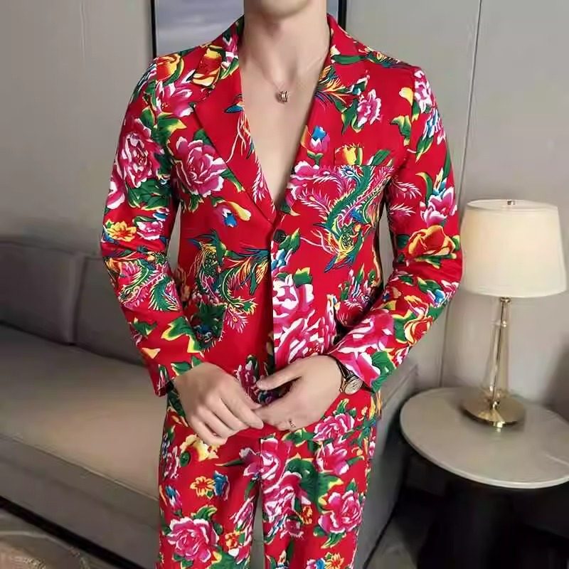 东北大花布西装帅气男士西服套装西服套装