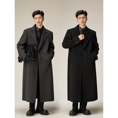 男士超长款垫肩双面呢大衣