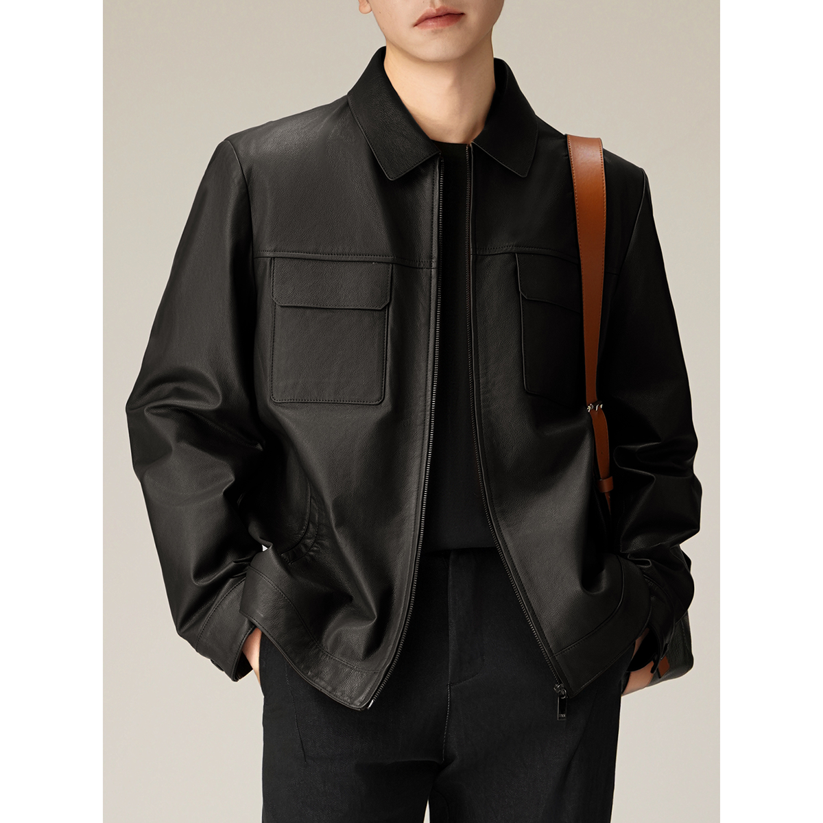 【PEICHUAN】秋冬新款高级感真牛皮通勤皮衣夹克翻领休闲外套男,男装,皮衣,淘宝优惠券,粉丝福利购,淘宝优惠卷