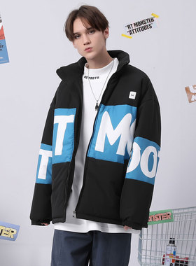 bt秋冬季撞色拼接立领拉链印花落肩袖宽松长袖棉服衣男女同款外套