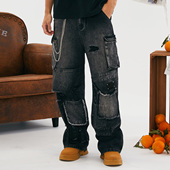 GENANX闪电潮牌2025夏季 子潮流嘻哈街舞宽松黑色男牛仔裤 新品 长裤