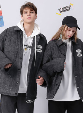 bt冬季卡通图案印花落肩袖翻领宽松棉服男女同款棉衣外套保暖灰色