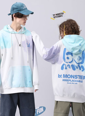 bt潮牌炫彩泼墨卡通印花落肩袖袋鼠兜宽松套头卫衣男女同款白绿色