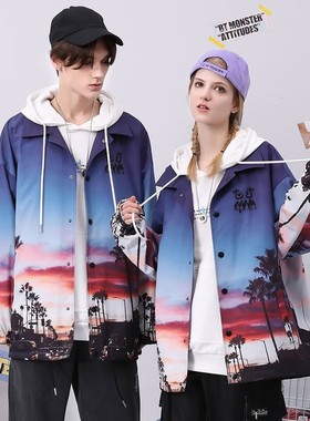 bt春秋插画涂鸦海滨城市公路印花落肩袖宽松工装夹克男女同款蓝色