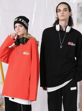 XXGOGO春秋趣味插画英文卡通印花简约风纯棉圆领宽松卫衣男女同款