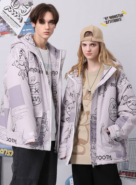 bt秋冬季工装风大齿怪印花魔术贴落肩袖长袖棉服衣男女同款粉紫色