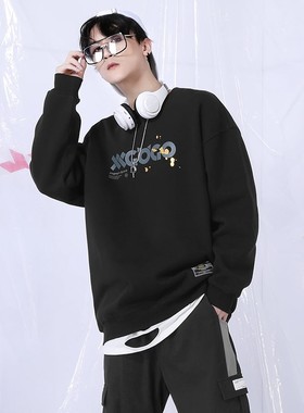 XXGOGO秋冬长袖上衣男卡通猫仿烫金印花加绒百搭圆领卫衣男女同款