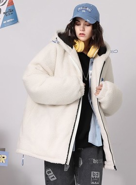 bt印花贴布宽松棉衣落肩袖连帽加厚羊羔绒宽松棉服男女同款白色冬