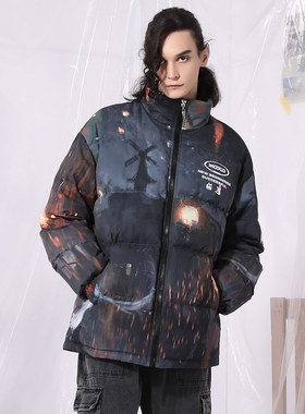 XXGOGO冬季保暖赛博朋克炫彩印花宽松立领羽绒服男女白鸭绒外套