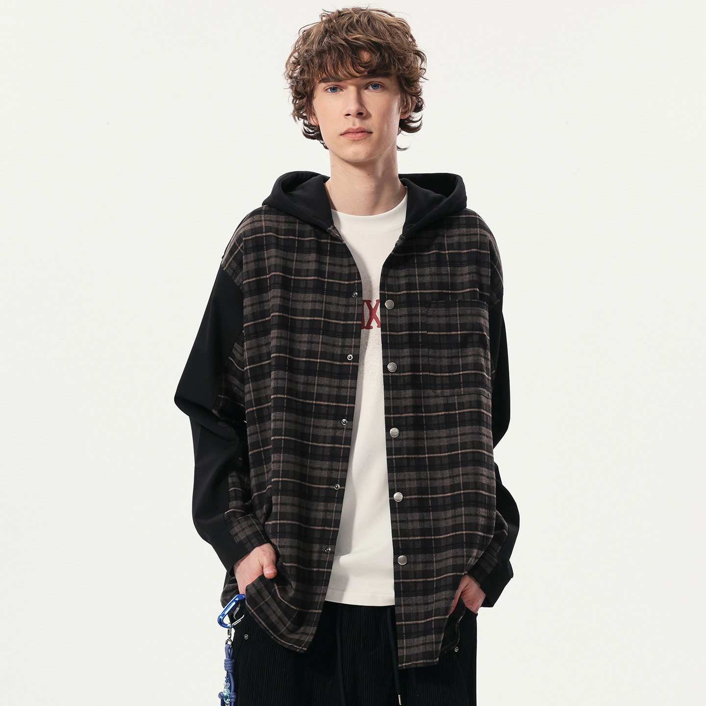 GENANX闪电潮牌异料格纹拼接衬衫2026春季新款男宽松连帽复古衬衣