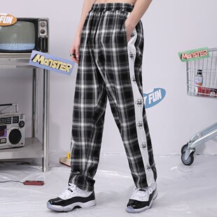 bt春秋季格纹大齿怪小雏菊宽松串标印花纯棉直筒裤休闲裤男女同款