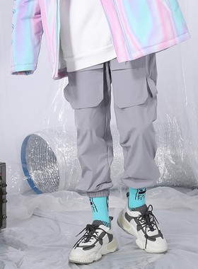 bt潮牌春秋季纯色系带贴布宽松休闲束脚裤运动裤男女同款灰色情侣