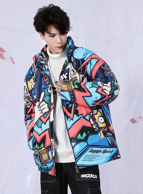 XXGOGO白鸭绒保暖炫彩卡通潮流满印拉链个性羽绒服立领外套男冬季