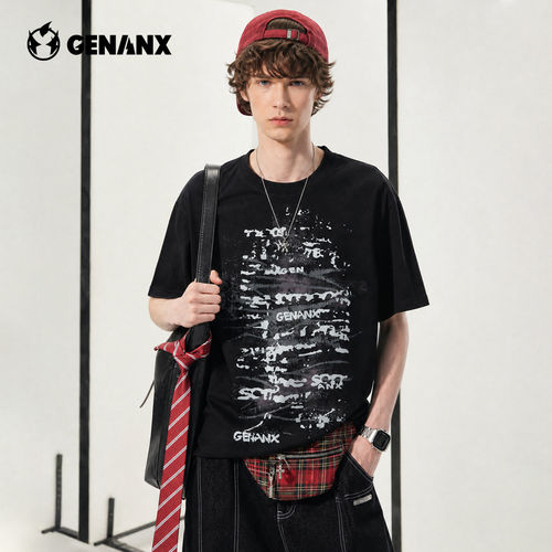 GENANX闪电潮牌余宇涵同款T恤美式高街宽松落肩黑色字母印花短袖