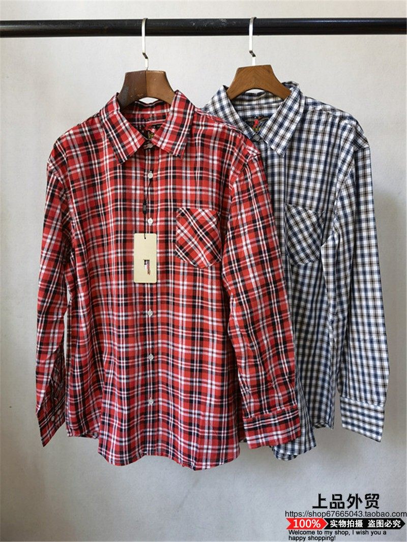 美式休闲old school男士宽松大码春秋款纯棉长袖格子衬衣打底衬衫