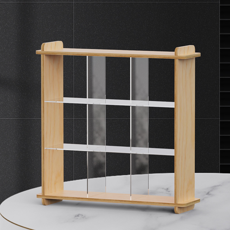 桌面桦木九宫格收纳茶具水杯置物架桌面摆件盲盒亚克力收纳架子