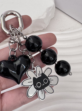 ins黑色花朵猫咪链条短款挂链挂绳相机包链条挂件钥匙扣串珠