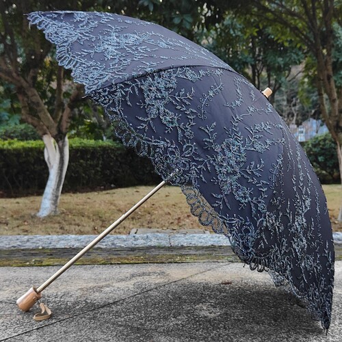 晴雨伞蕾丝刺绣黑胶二折防紫外线