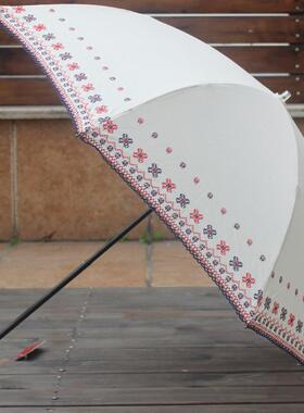 太阳城二折叠绣花白色日系文艺防紫外线太阳伞防晒遮阳晴雨伞洋伞