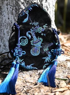 国风复古百搭黑底蓝色清供花瓶流苏汉服配饰新中式气质单肩包