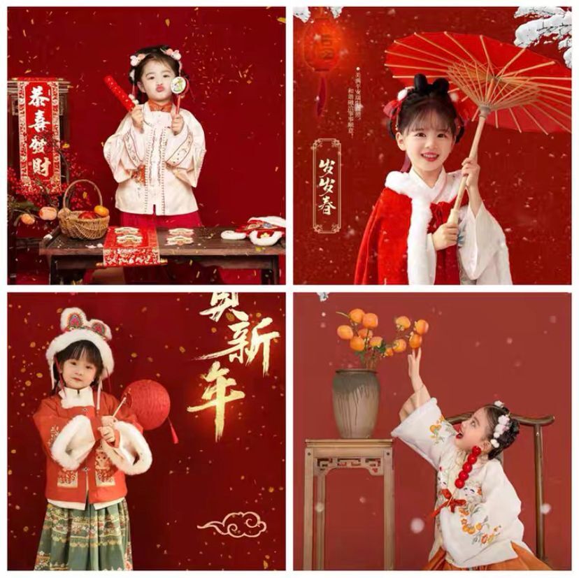 新年儿童汉服影楼拍照道具老虎帽糖葫芦对联仿真柿子新年装饰挂件