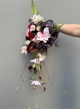 紫色花束瀑布婚礼手捧花中式兰仿真花小众new摄影道具hot闺蜜礼物