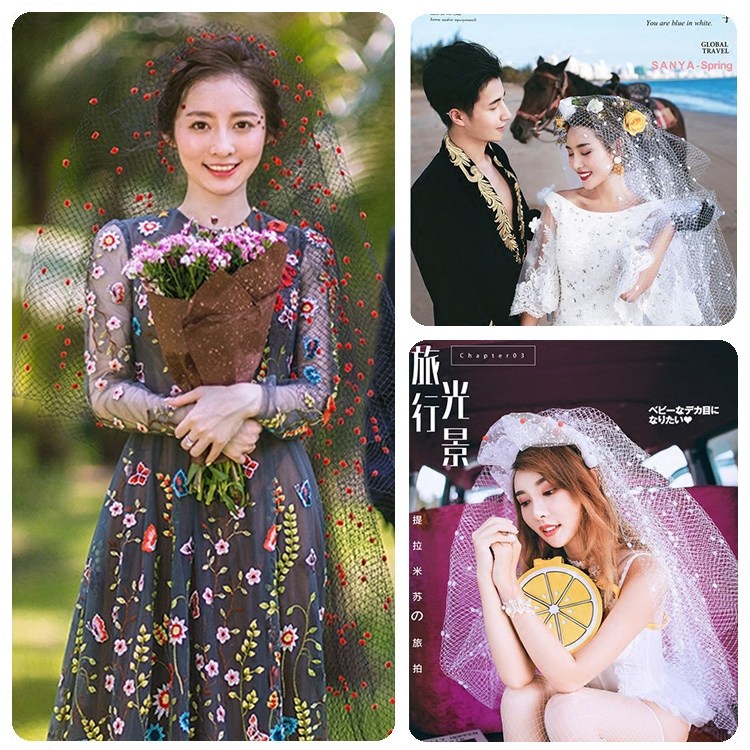 新款韩版黑色红球红点白色白球白点网纱婚纱摄影新娘结婚拍照头纱