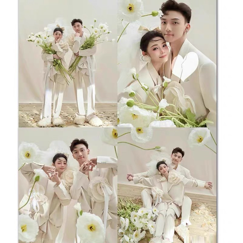 时尚杂志风室内婚纱照情侣写真超大头白罂粟花仿真花婚纱摄影道具