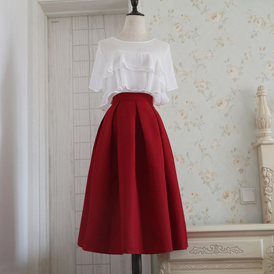 酒红色蓬蓬半身裙中长复古伞裙
