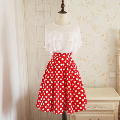 红色波点中长蓬蓬复古A字半身裙
