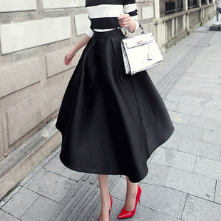 春秋新欧美高腰中长蓬蓬半身裙A字气质大摆赫本伞裙黑色四季可穿