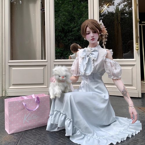 清楚系水蓝色色温柔lo裙连衣裙