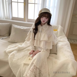 森女系原创想去海边 冬日毛茸茸斗篷外套仿皮草可爱 芙蓉雪酥