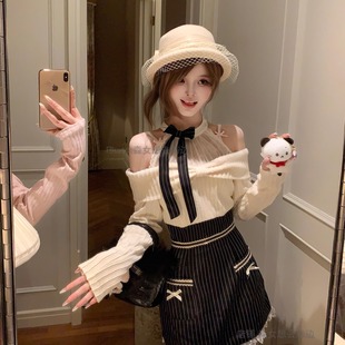 森女系原创想去海边 甜美可爱清楚系露肩条纹连衣裙 摇摇风叶