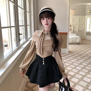 森女系原创想去海边 温柔秋日甜妹奶茶色针织上衣半裙 栗栗香草