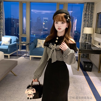 清楚系甜美格子修身连衣裙秋冬