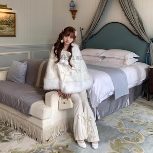 可爱粉白 秋冬可爱显瘦微喇长裤 森女系原创想去海边 猫耳开关