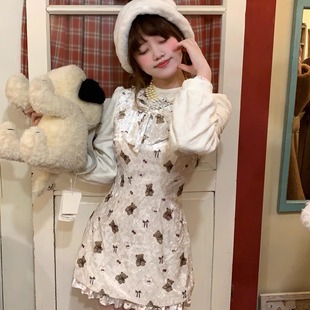 森女系原创想去海边 可爱小熊印花旗袍连衣裙 小熊趴