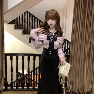 森女系原创想去海边 清楚系黑粉连衣裙日系少女 沉鱼若粉