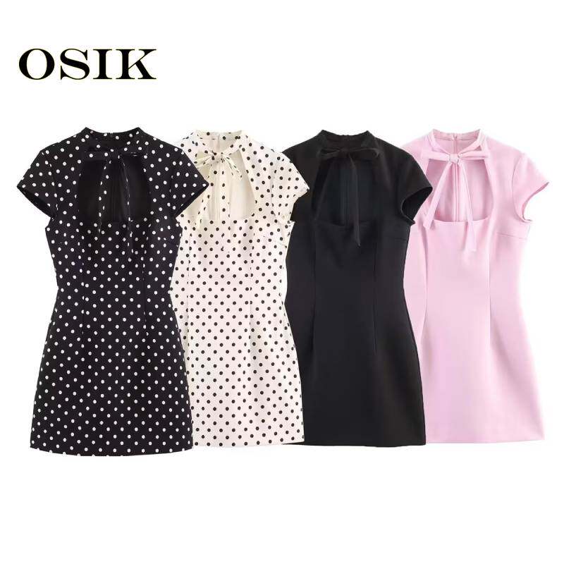 OSIK 欧美批发外贸女装风蝴蝶结波点短袖圆领百搭连衣裙  2213777