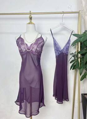 韩国女士性感吊带半透明吊带裙蕾丝露背睡裙紫色诱惑透气家居裙