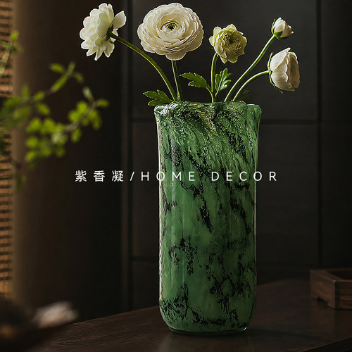 新中式墨绿水墨纹玻璃花瓶高级感