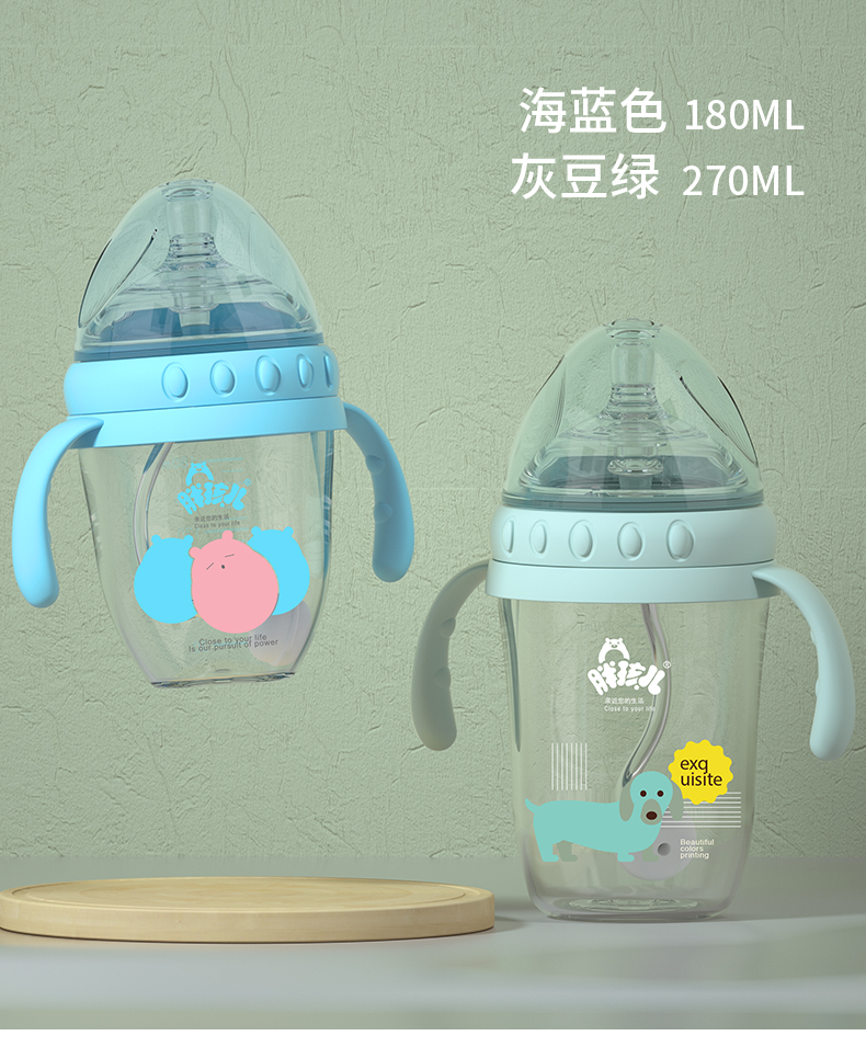 胖孩儿大宝宝广口奶瓶宽口径防胀气新生婴儿带手柄吸管硅胶喝水嘴