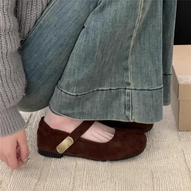 法式平底复古圆头一字带绒面玛丽珍鞋女鞋子百搭通勤温柔晚风单鞋