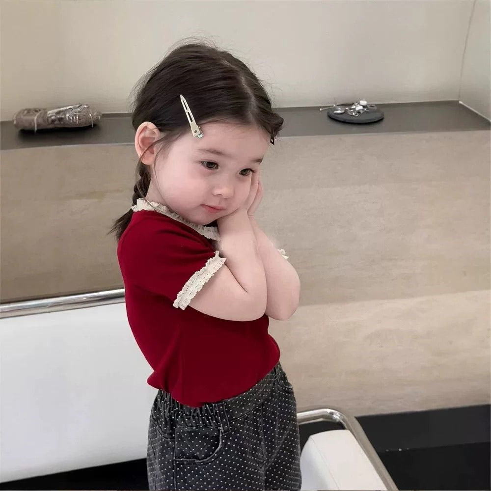 2025夏季新款女童短袖T恤韩版儿童花边半袖上衣女宝宝修身打底衫t