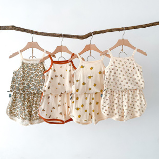 夏季 套装 薄款 上衣短裤 儿童纯棉背心宝宝碎花无袖 女童吊带睡衣套装