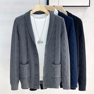 纯棉秋冬高端青果领开衫 翻领毛衣外套男 男英伦复古轻熟商务针织衫