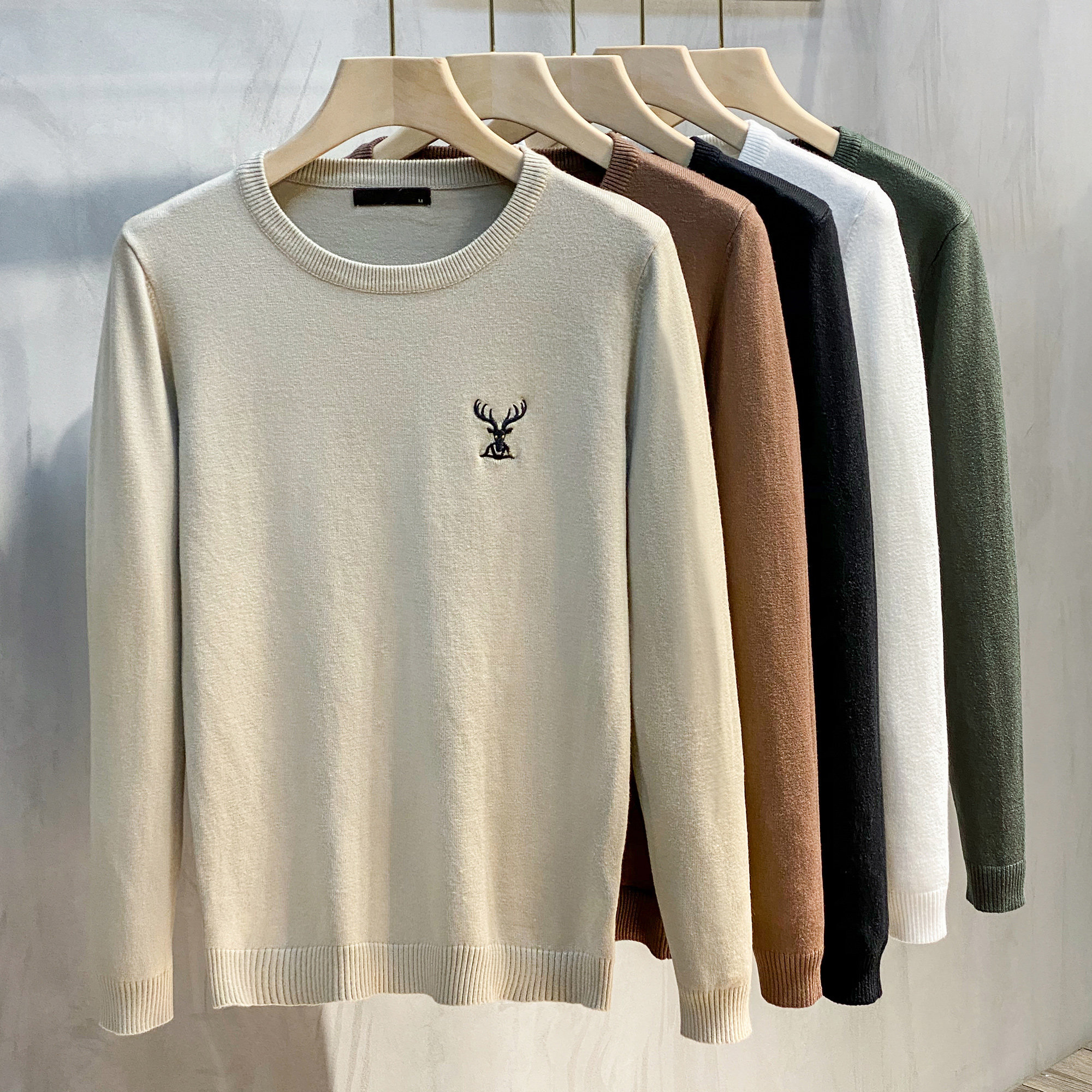 毛衣男圆领纯色内搭打底衫厚款秋冬季保暖刺绣休闲毛线衣针织衫男