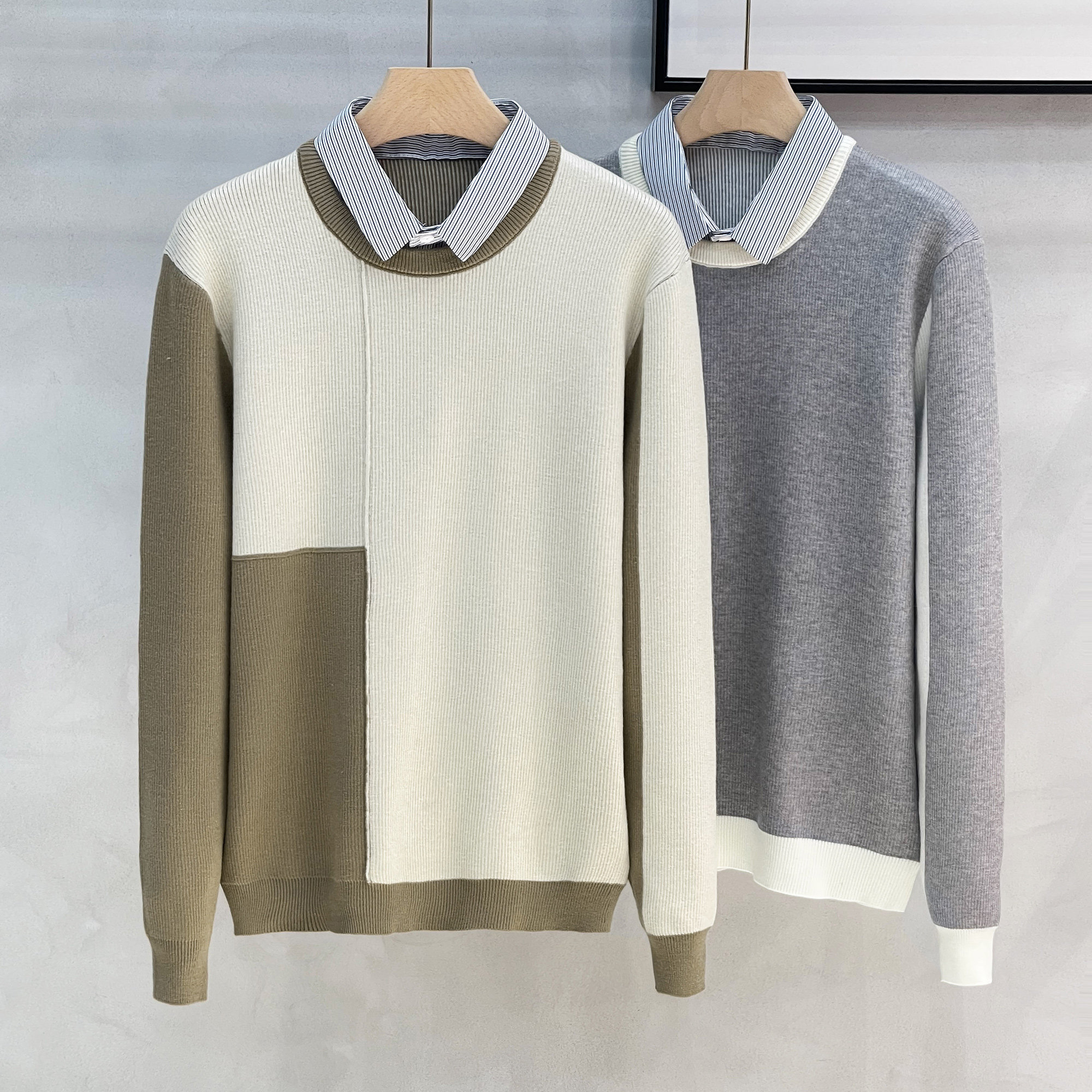 2026春秋季新款条纹衬衫领假两件潮流毛衣男撞色韩版针织打底衫男