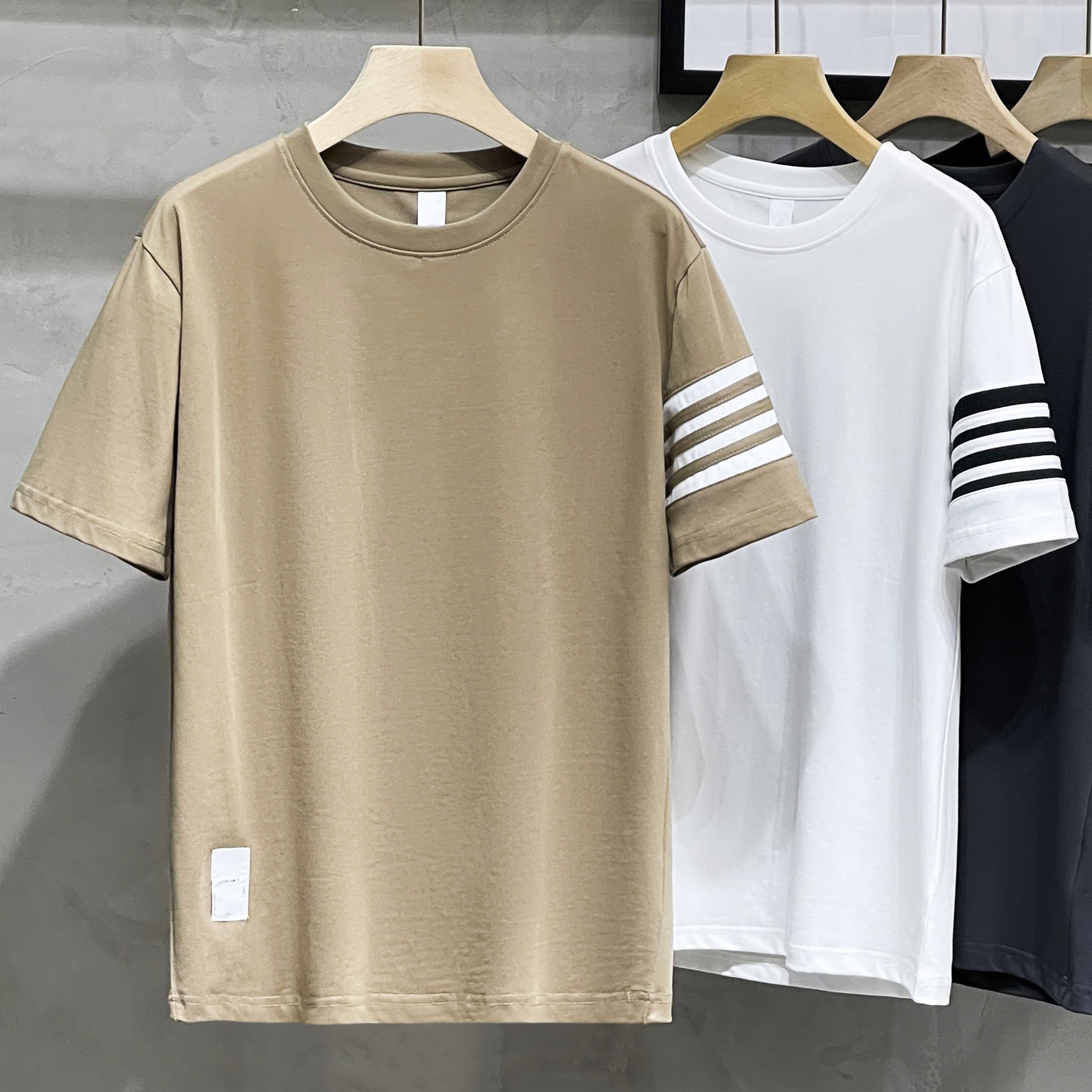 美式休闲短袖t恤男春夏季tb风冰丝棉四条杠条纹半袖重磅打底衫男